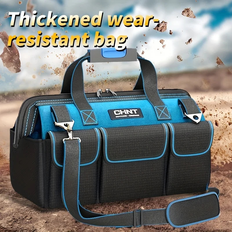 A black and blue thickened wear-resistant bag with multiple pockets shown against a textured background.