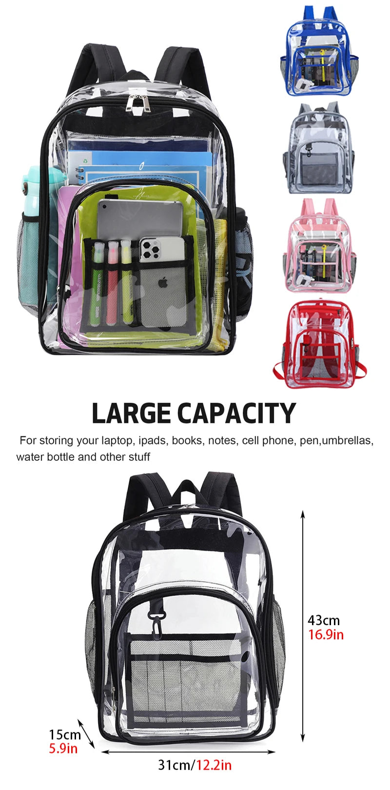 A transparent waterproof shoulder bag with multiple compartments and accessories shown in various colors.
