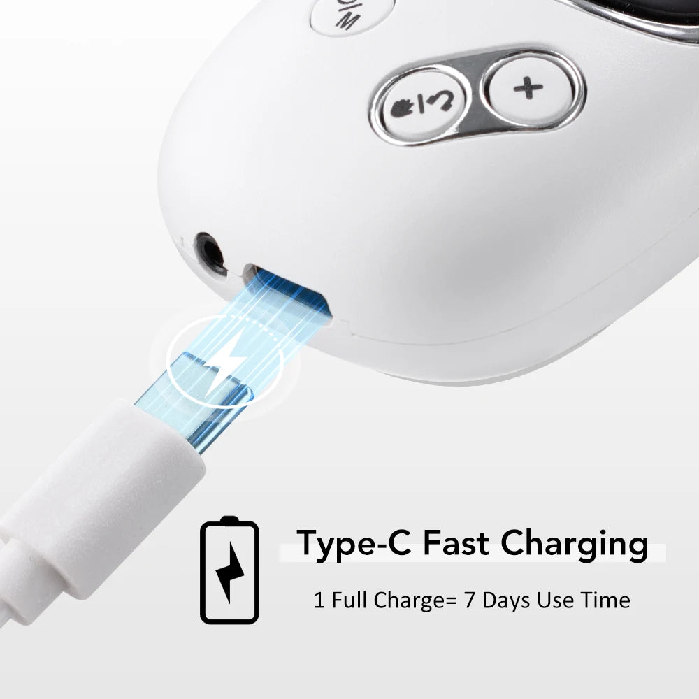 A white handheld device with a Type-C charging port and a blue light emitting feature.