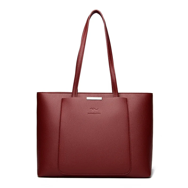 Genuine Leather Tote Bag with Multiple Pockets &amp; Zipper Closure