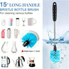 A set of 15-inch long handle bristles bottle brushes for cleaning various bottles, including glass, plastic, and metal contai