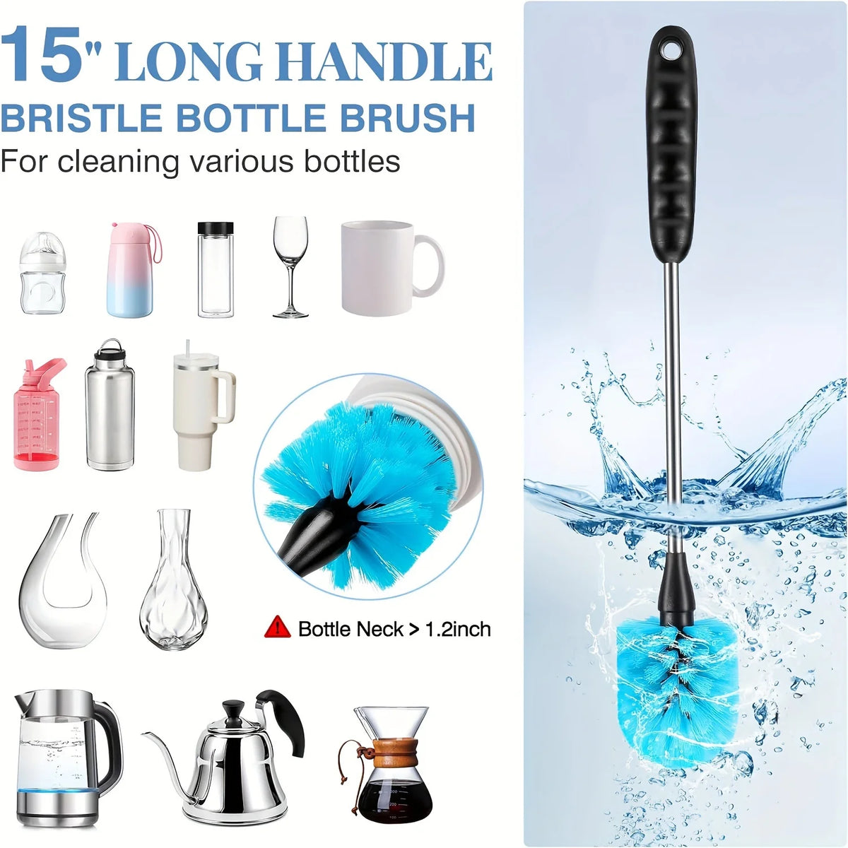 A set of 15-inch long handle bristles bottle brushes for cleaning various bottles, including glass, plastic, and metal contai