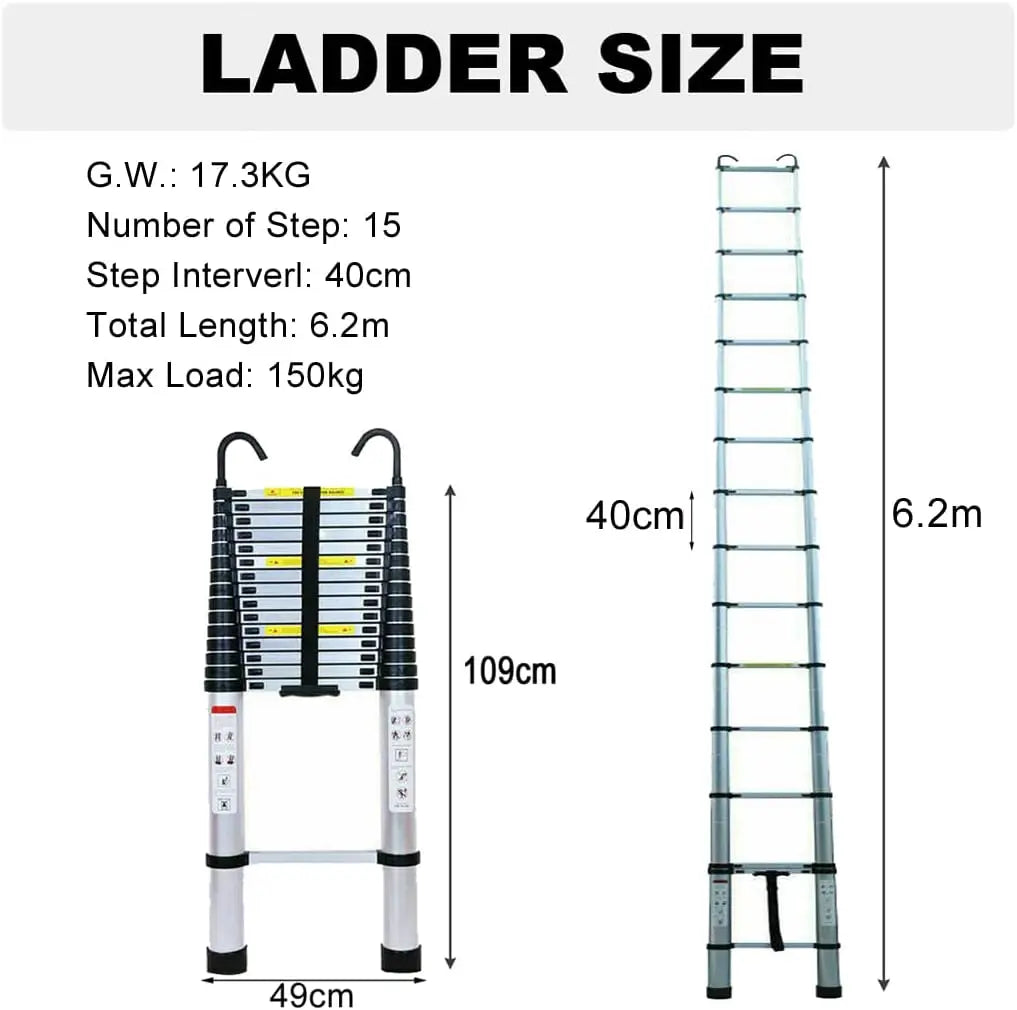 A silver telescopic ladder with 15 steps and a removable roof hook shown next to its dimensions.