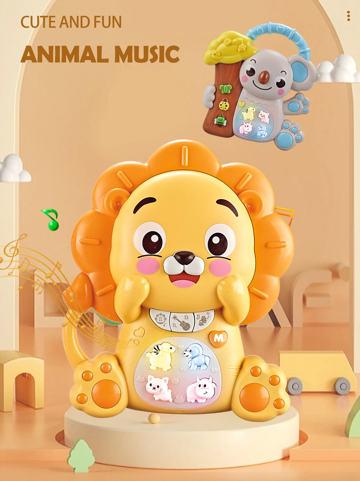 A yellow cartoon lion character plays a musical instrument with lights and accessories for toddlers.