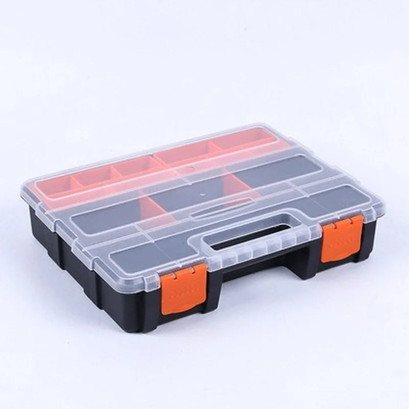 A black plastic tool box organizer with transparent compartments and orange accents.