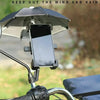 A black mini motorcycle phone umbrella is shown open, protecting a smartphone from the elements.