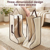 Three waterproof boot storage bags with handles in beige and brown are displayed on a rug.