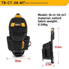 A black medium-sized technician tool belt pouch with yellow accents shown from the top and side.