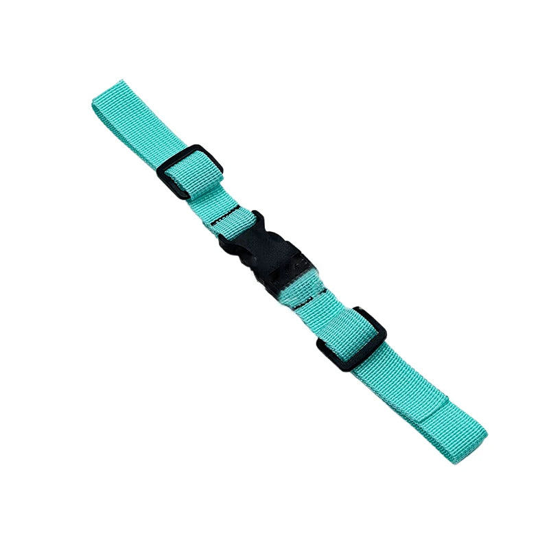 A turquoise and black adjustable backpack chest strap with a plastic buckle.