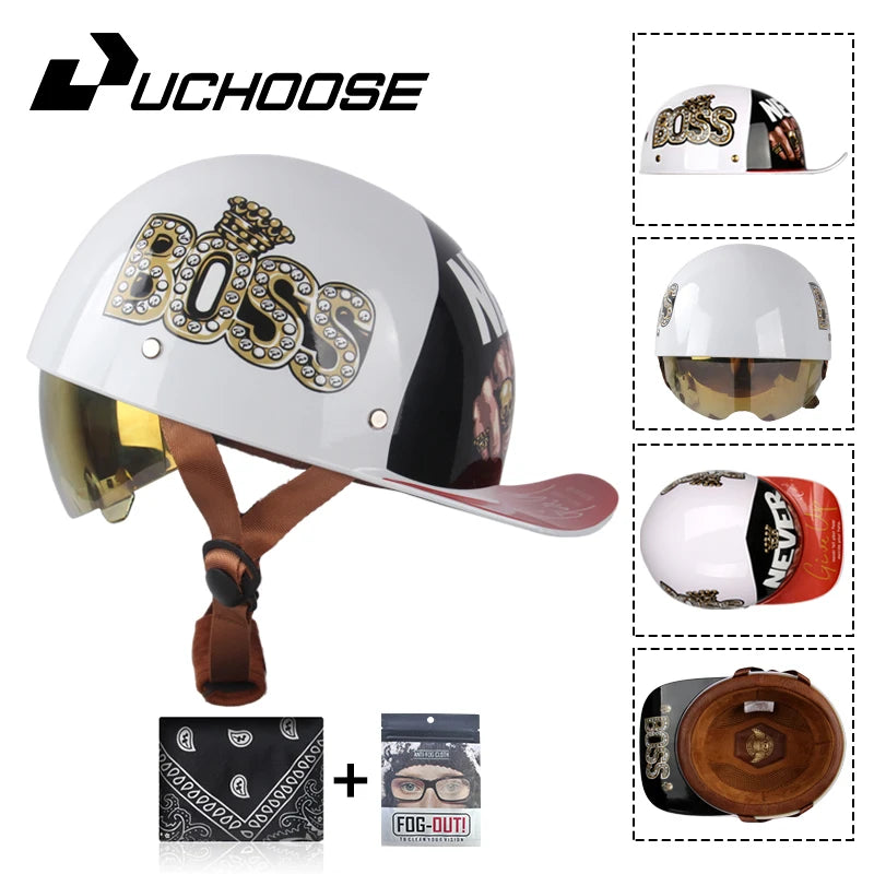 A white motorcycle helmet with a Boss logo and a clear visor, shown alongside accessories like a cap and leather goods.