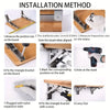 Installation method showing steps for attaching stainless steel folding shelf brackets to a board.
