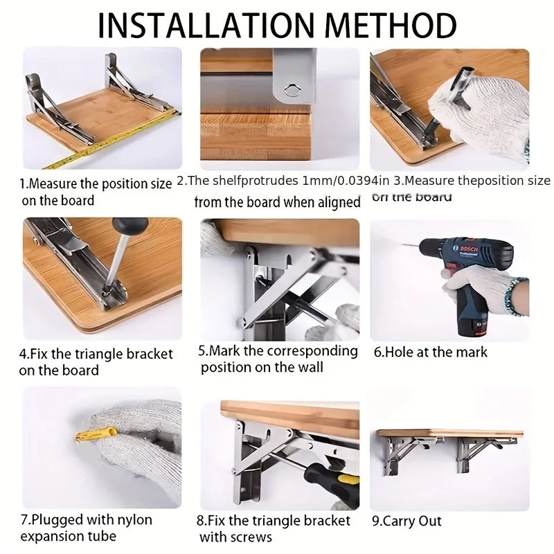 Installation method showing steps for attaching stainless steel folding shelf brackets to a board.