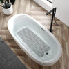 A white bathtub filled with water and a non-slip mat featuring suction cups and drain holes.
