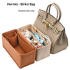 A tan Hermès Birkin bag with an exclusive inner liner and a felt organizer insert for accessories.