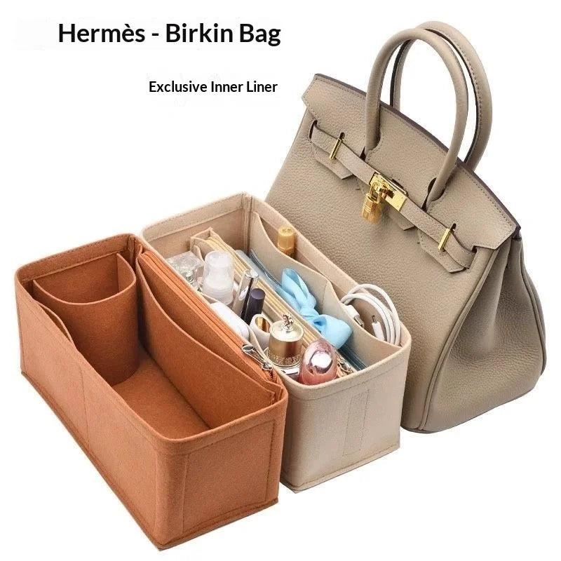 A tan Hermès Birkin bag with an exclusive inner liner and a felt organizer insert for accessories.