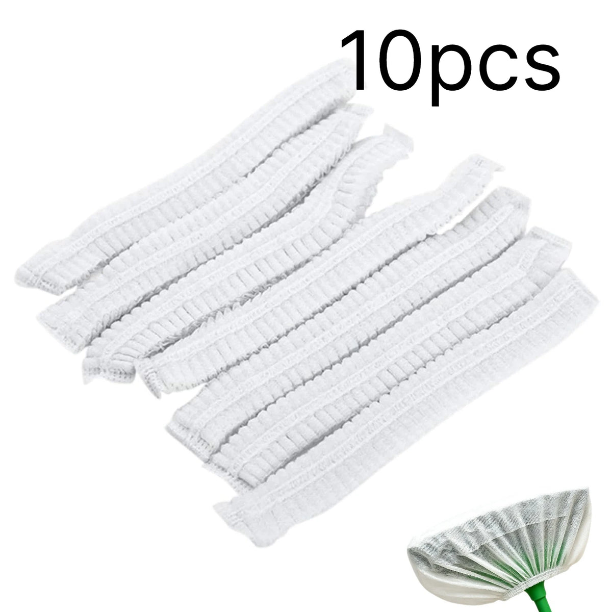Ten white disposable broom covers for dust and hair removal shown in a fan-like arrangement.