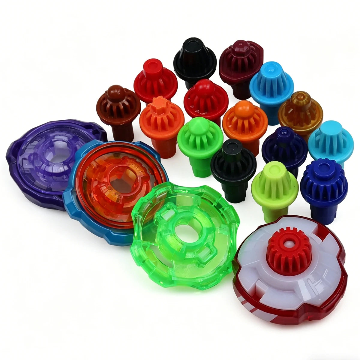A collection of colorful spinning tops and customization accessories arranged in a circular pattern.