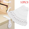 Ten white child safety cabinet locks designed to secure drawers and doors
