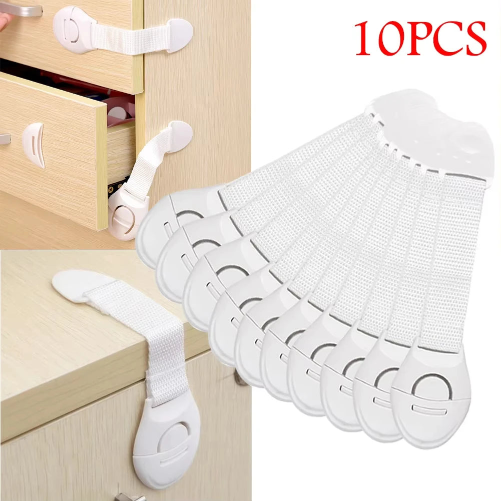 Ten white child safety cabinet locks designed to secure drawers and doors