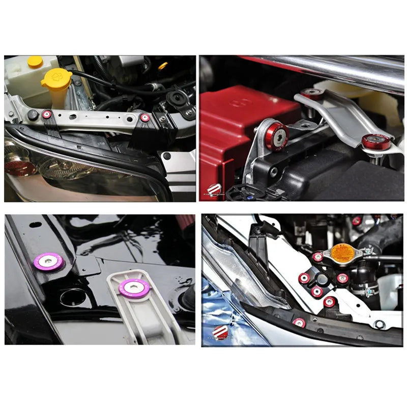 Kit of aluminum JDM fender washers and bolts for automotive use shown in various angles