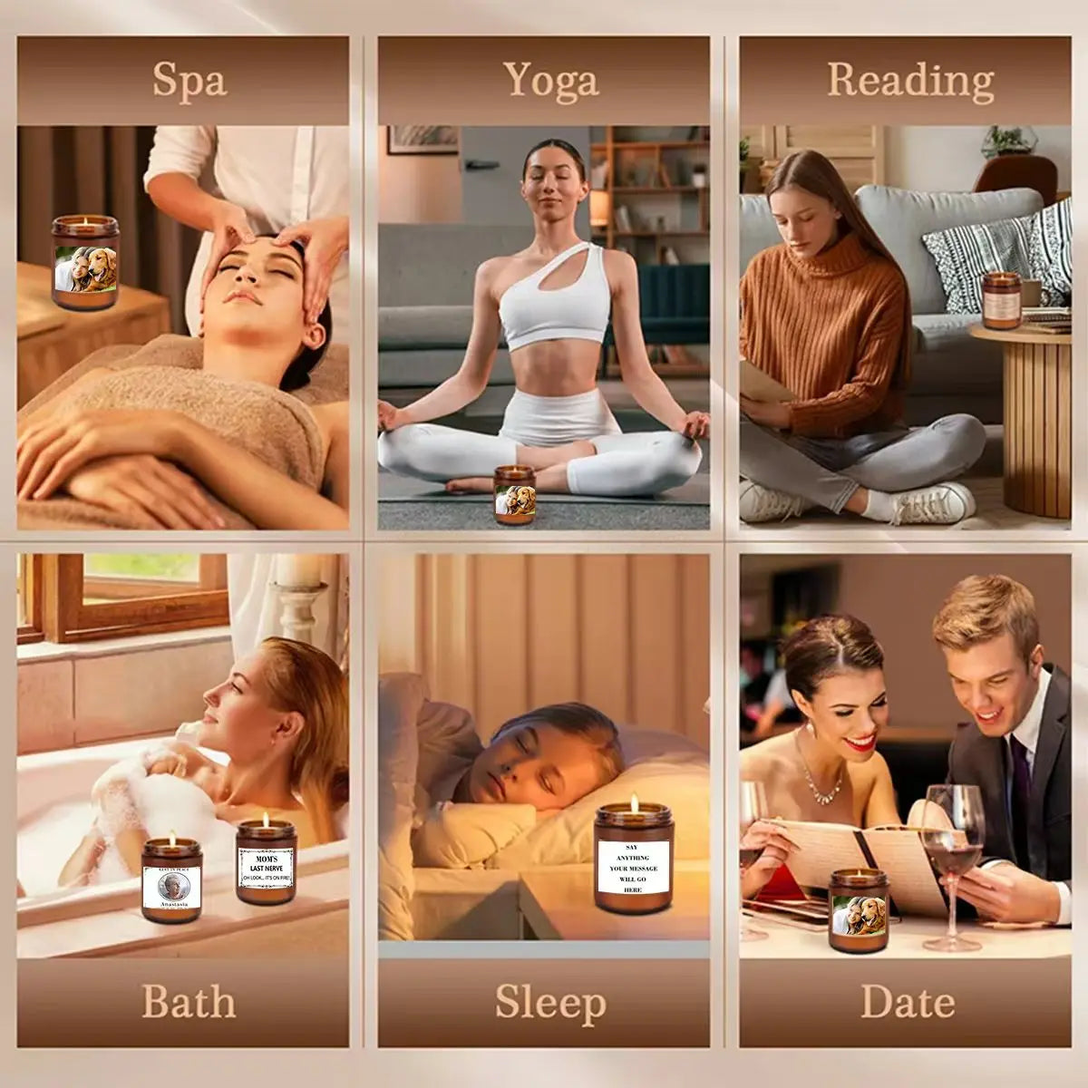 A grid showing various scenes of self-care activities like spa, yoga, reading, bath, sleep, and date.