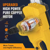 Close-up of a yellow cordless electric chainsaw featuring an upgraded high power pure copper motor.