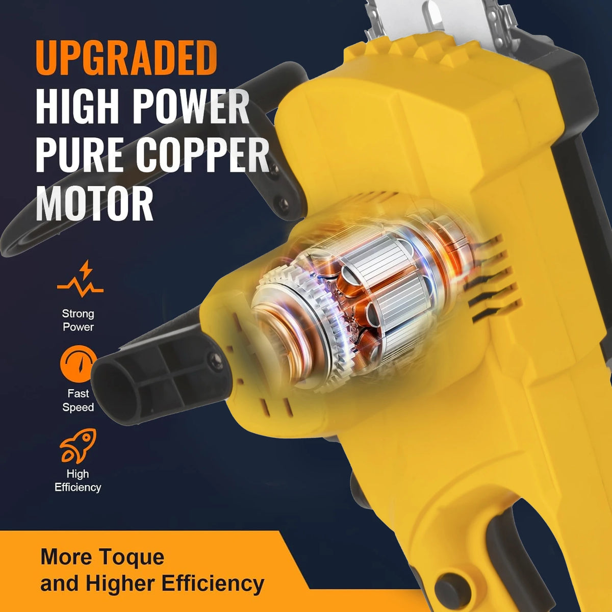 Close-up of a yellow cordless electric chainsaw featuring an upgraded high power pure copper motor.