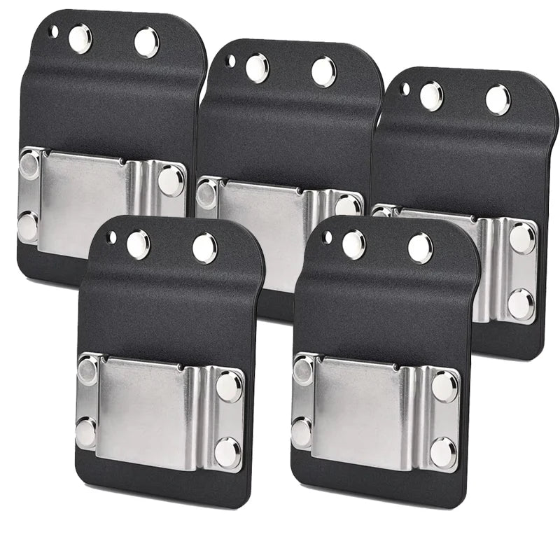A set of black clip-on tool belt holsters designed for drills and power tools.