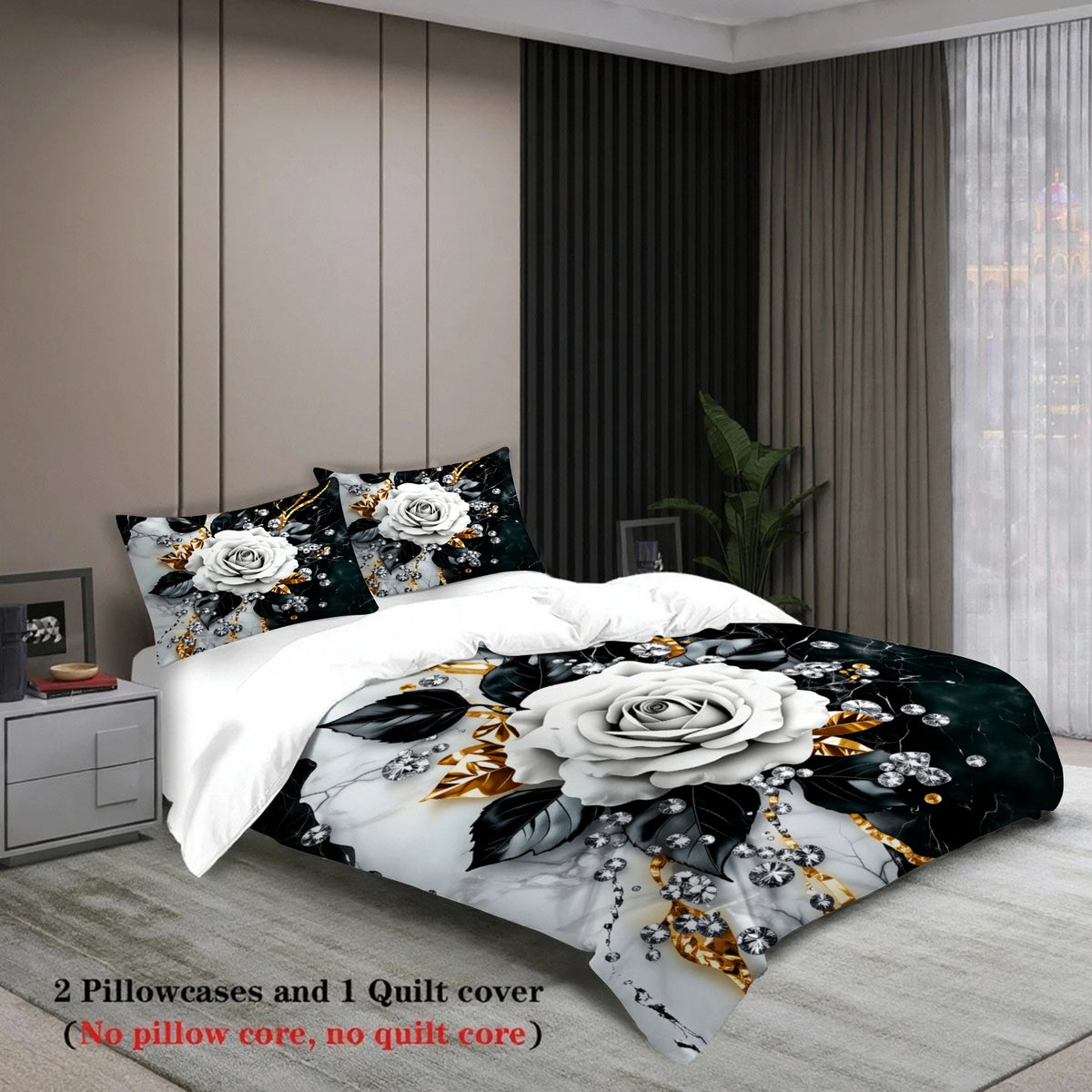3D Floral Duvet Cover Set – Black & White Rose Design with Pillowcases