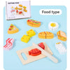 A wooden pretend play cutting food set showing various fruits and vegetables like apples, carrots, and cheese on a light blue