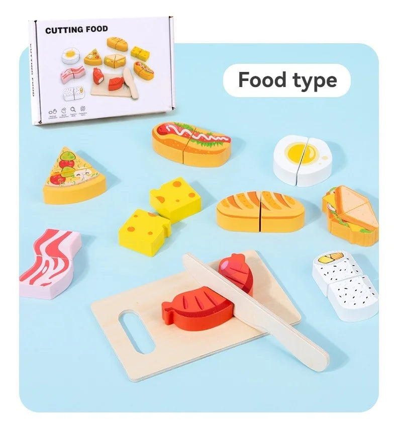 A wooden pretend play cutting food set showing various fruits and vegetables like apples, carrots, and cheese on a light blue