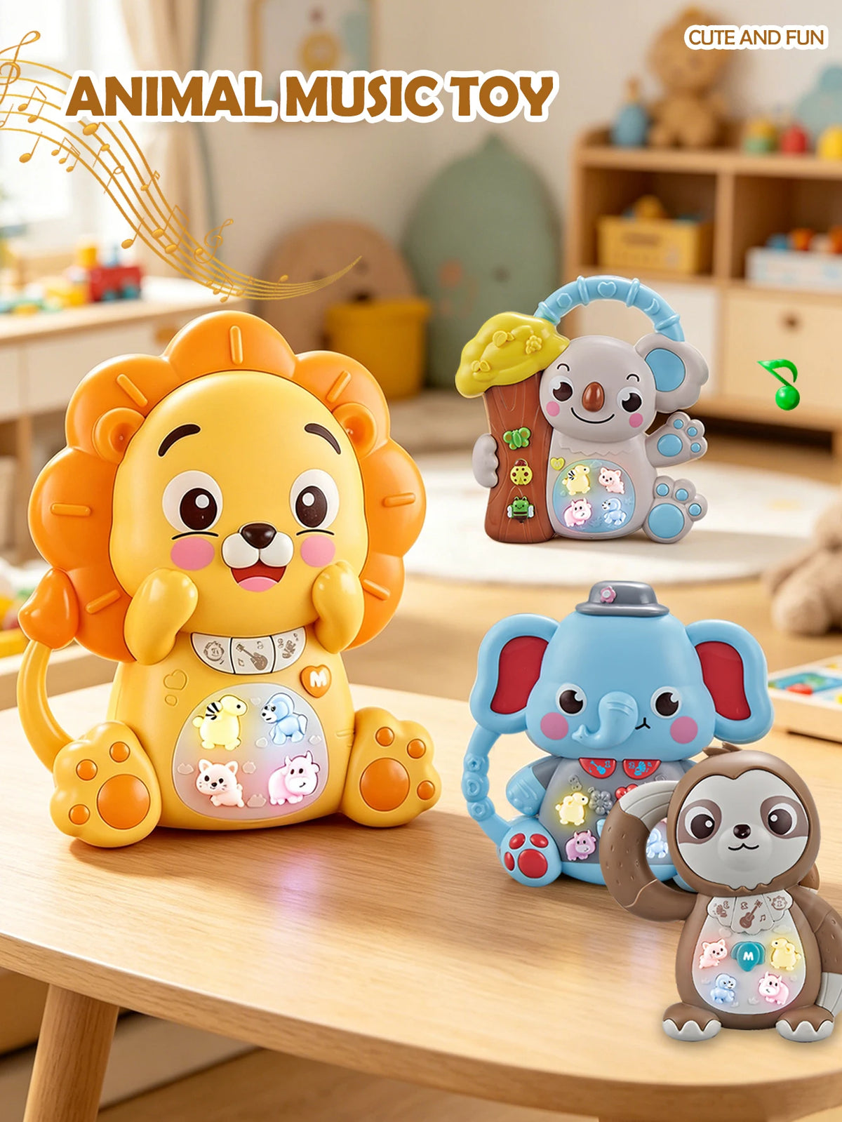 A yellow lion musical toy with lights and a purple elephant musical toy sitting on a wooden table.