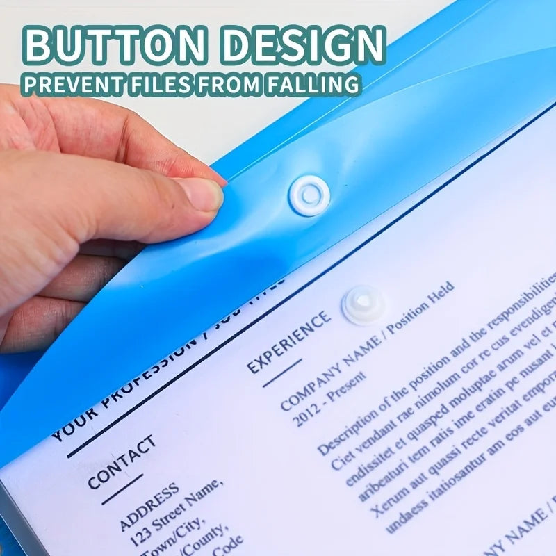 A hand presses a blue button design on an A4 binder to prevent files from falling.