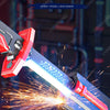 A close-up of a glowing sword with red and blue lights igniting sparks and smoke effects.