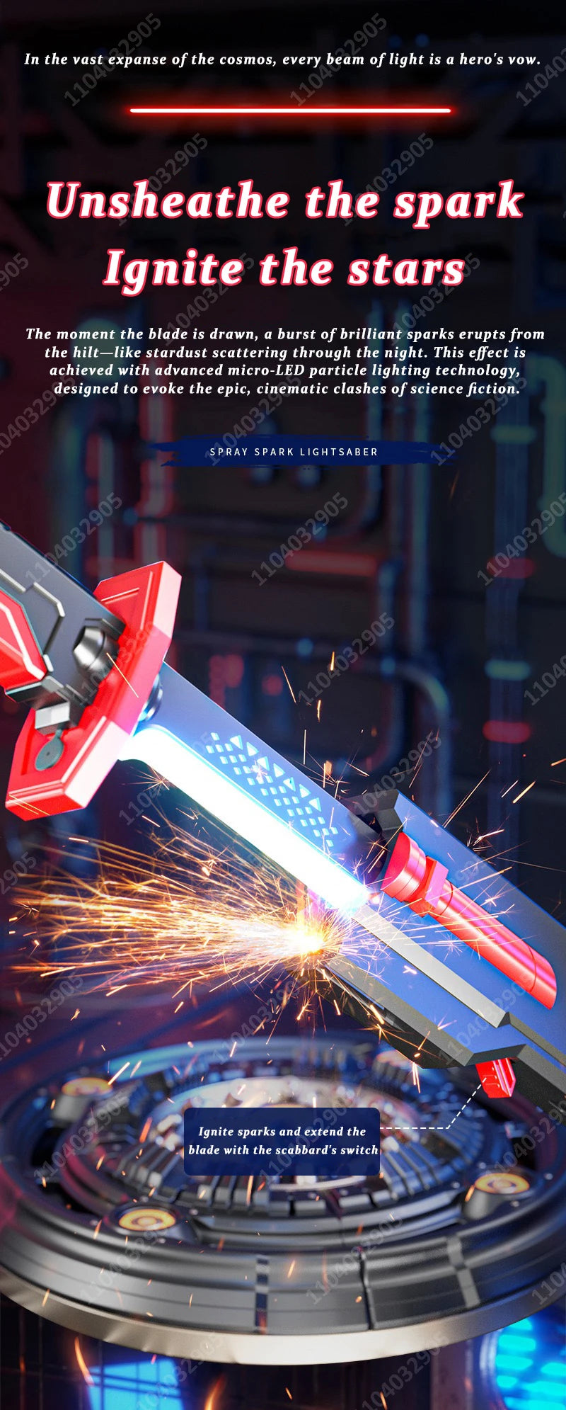 A close-up of a glowing sword with red and blue lights igniting sparks and smoke effects.