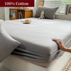 A close-up of a smooth gray fitted sheet on a bed, with a hand touching the fabric.