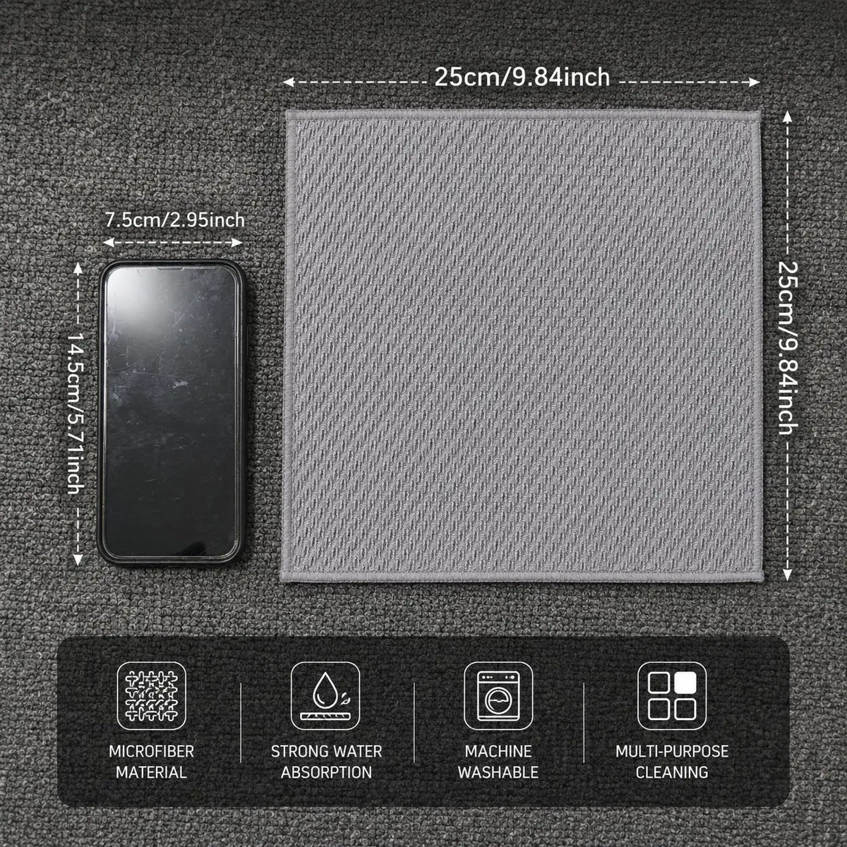 A rectangular gray microfiber kitchen towel with dimensions of 25cm by 9.84inch, showing features like strong water absorptio