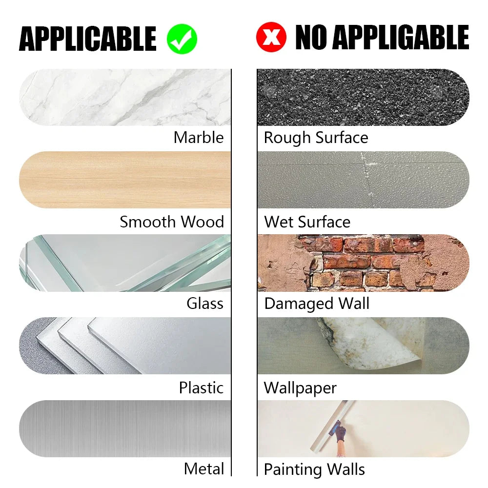 Comparison chart showing which surfaces are applicable and not applicable for heavy-duty double-sided adhesive pads.
