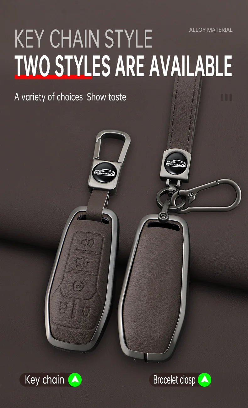 Two styles of key chain and bracelet clasp made of alloy material are displayed on a dark background.