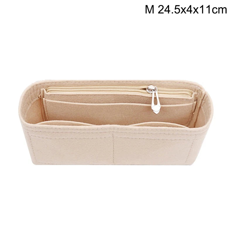 Light beige felt bag organizer with a zipper and multiple pockets