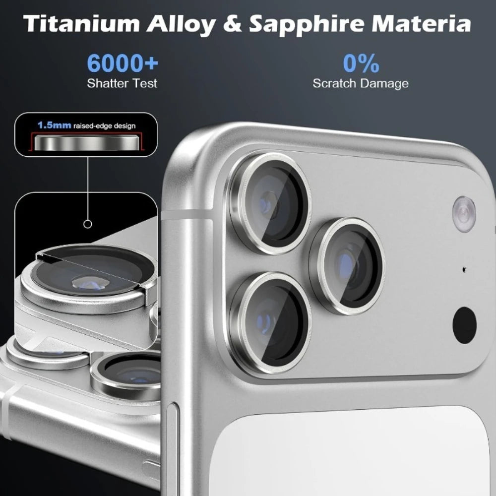 A close-up view of a silver iPhone camera module with multiple lens protectors and a raised-edge design.