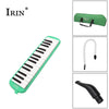 A green 32-key melodica keyboard with a matching carrying case and mouthpiece shown in various views.