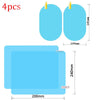 Four pieces of clear anti-fog and rain-repellent car mirror film with measurements shown.