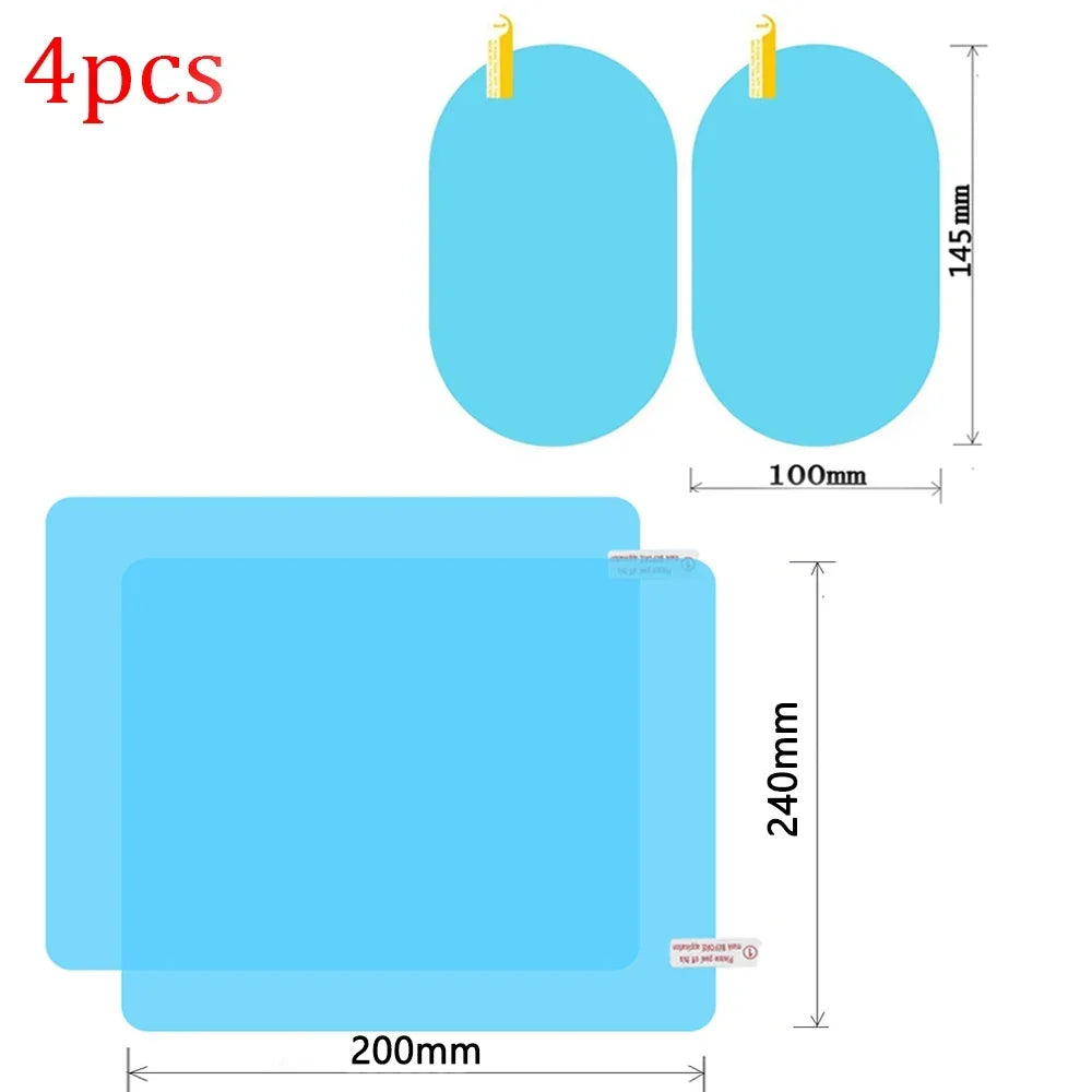 Four pieces of clear anti-fog and rain-repellent car mirror film with measurements shown.