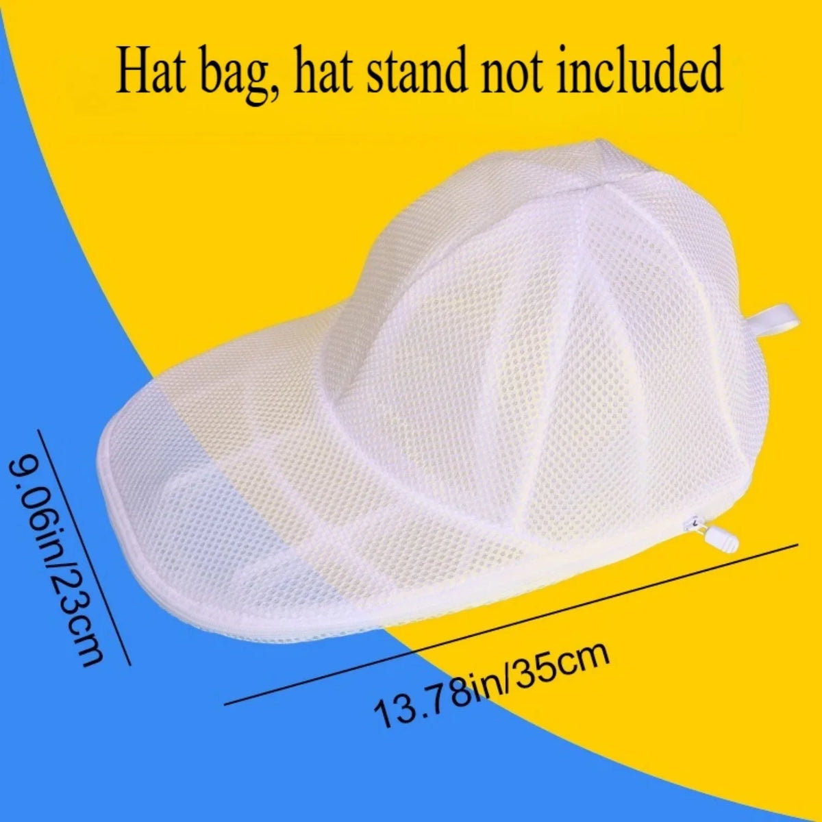 White hat cleaning cage with a mesh bag shown against a yellow and blue background.