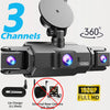 A multi-channel 360 degree dash camera with four lenses and a car charger cable.