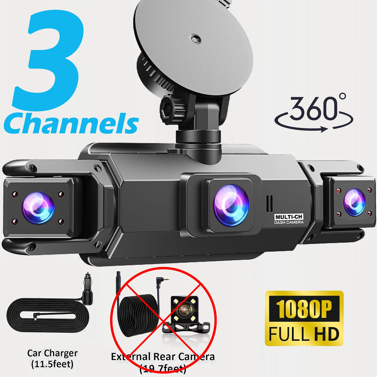 A multi-channel 360 degree dash camera with four lenses and a car charger cable.
