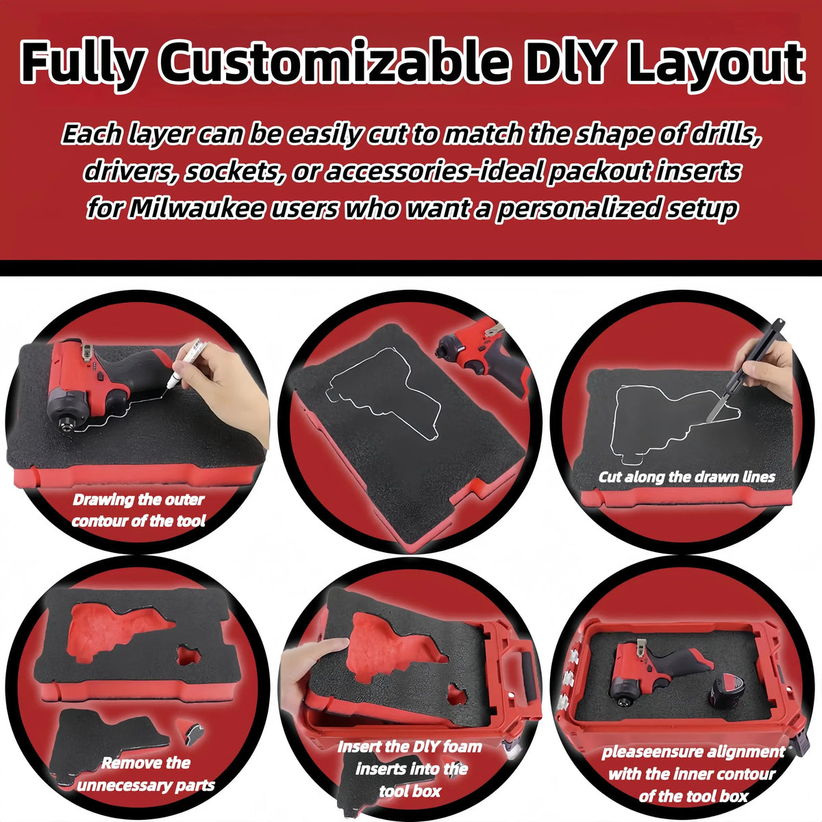 Fully customizable DIY layout foam inserts for Milwaukee tool boxes showing how to cut and insert them