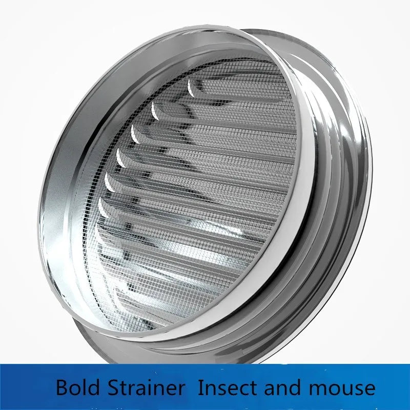 A round stainless steel ventilation grille designed as a bold strainer for insects and mice.