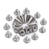 A collection of silver zinc alloy cone studs and spikes for DIY clothing and accessories